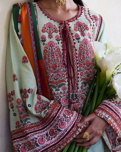 Rupal- Light Green Embroidered Ensemble By- Hussain Rehar