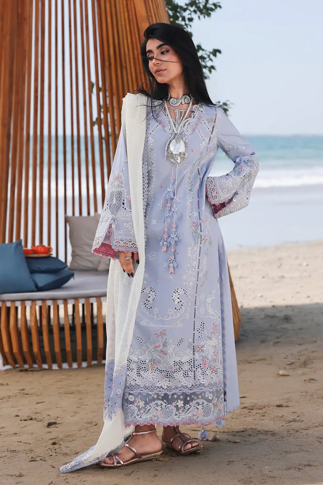 Sky blue summer stitched lawn set by Qalamkar SA-08 Zayna