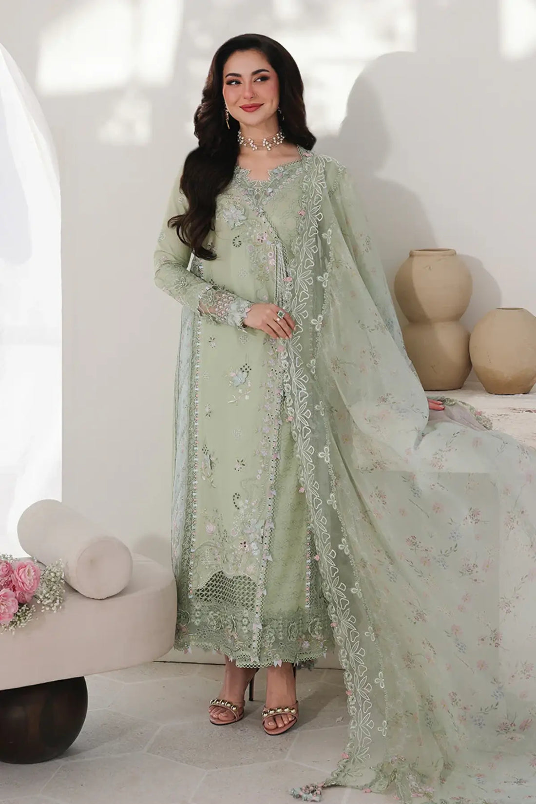 Sage green lawn suit with chiffon dupatta SA-12 Jiya by Qalamkar