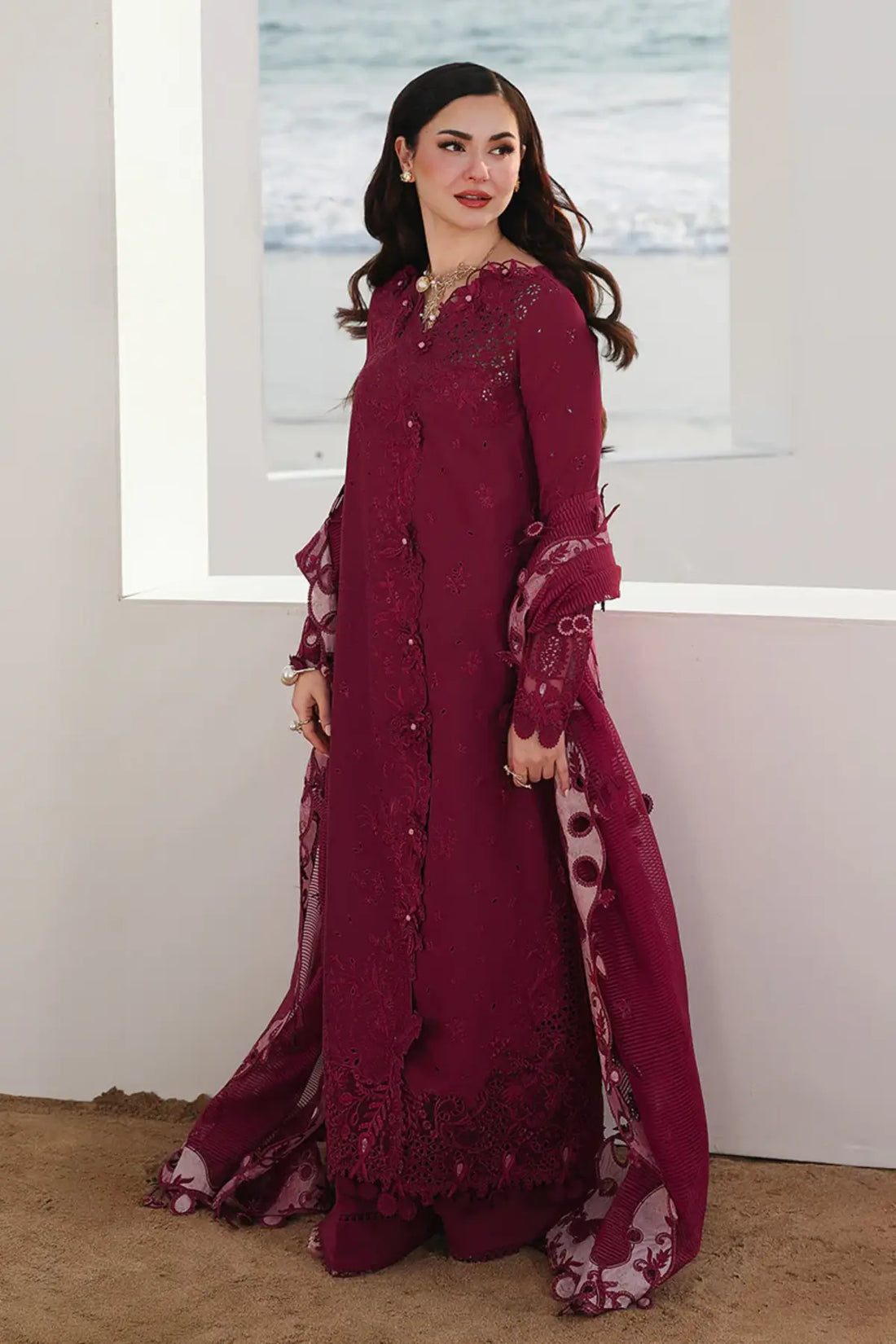 Qalamkar SA-14 Nelam maroon chikankari lawn set