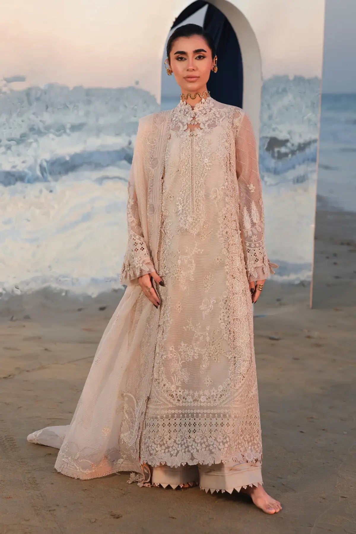 Qalamkar SA-15 Nehan stitched ivory lawn suit with chikankari embroidery