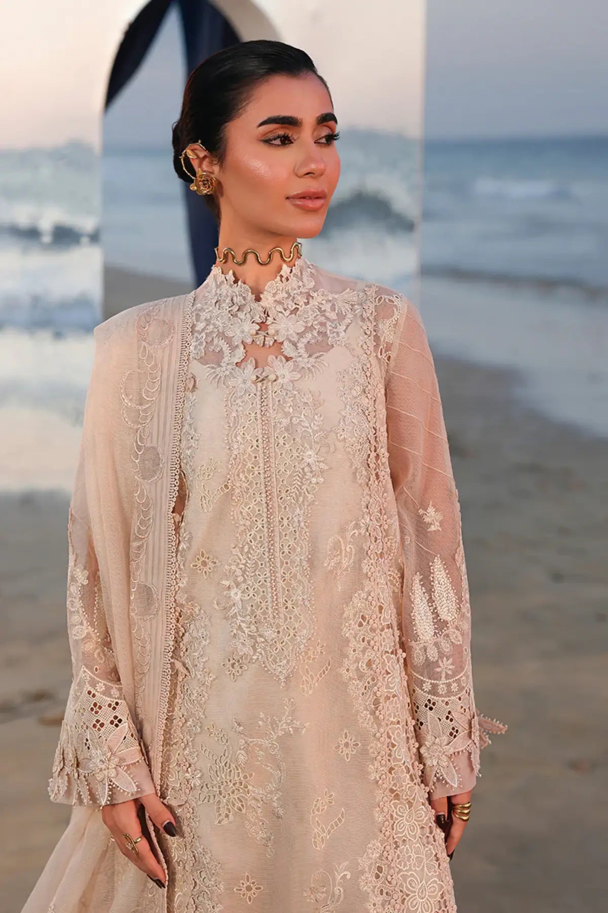Qalamkar SA-15 Nehan stitched ivory lawn suit with chikankari embroidery