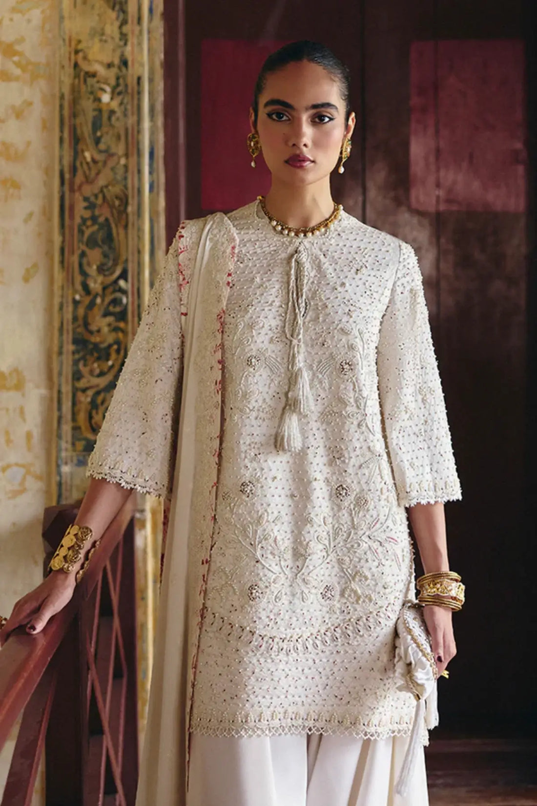 SALIHA daisy white luxury silk 3PC Eid suit by Suffuse at Pakistanimoda