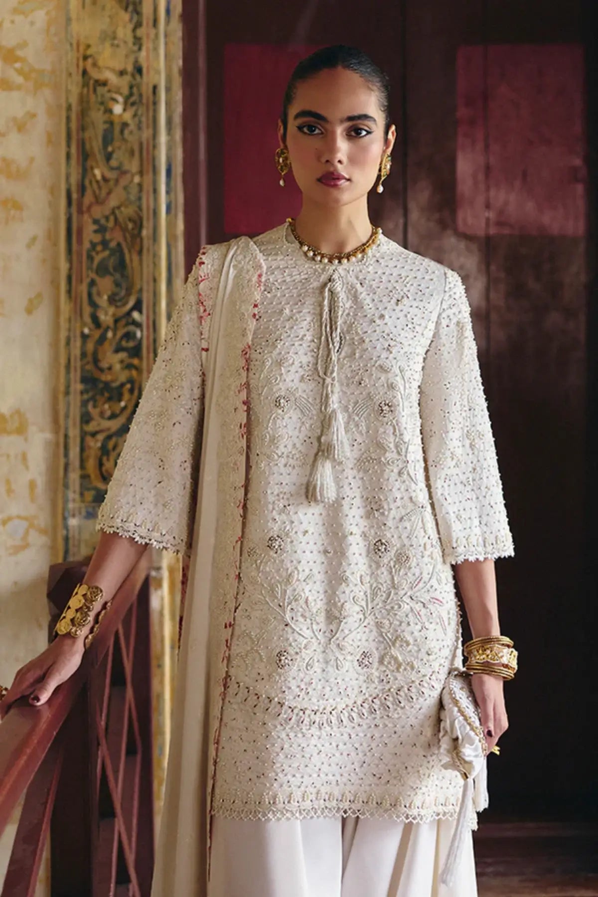 SALIHA daisy white luxury silk 3PC Eid suit by Suffuse at Pakistanimoda