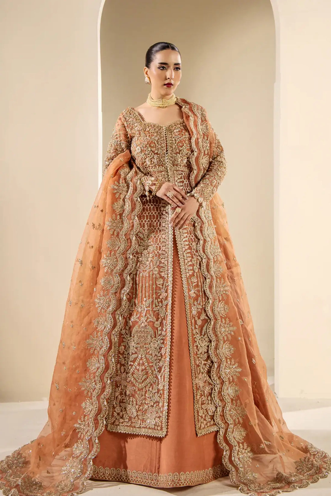 SERENA by Saad Shaikh coral embroidered stitched formal lehenga suit with dupatta | Pakistanimoda