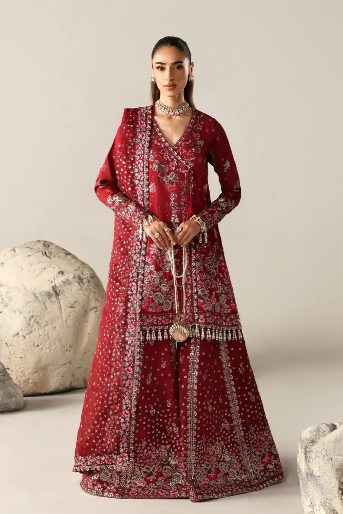 SERENITY BLOOM Emaan Adeel red stitched raw silk angrakha outfit with sharara Pakistanimoda.