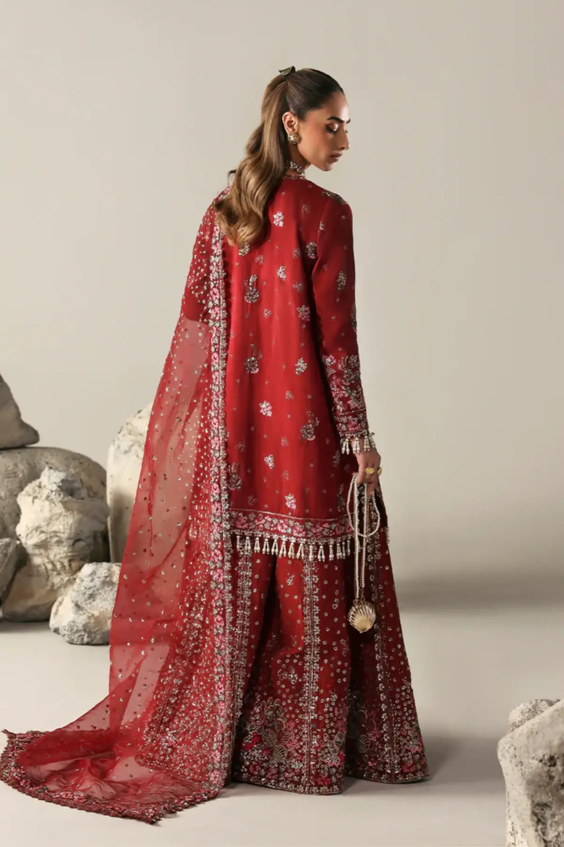 SERENITY BLOOM Emaan Adeel red stitched raw silk angrakha outfit with sharara Pakistanimoda.