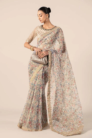SF-EF25-08 -Embroidered Beige Organza Saree By- Maria.B