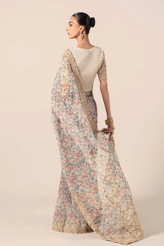 SF-EF25-08 -Embroidered Beige Organza Saree By- Maria.B