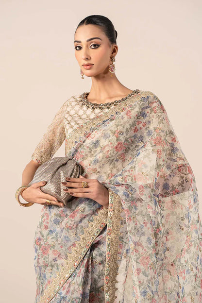 SF-EF25-08 -Embroidered Beige Organza Saree By- Maria.B