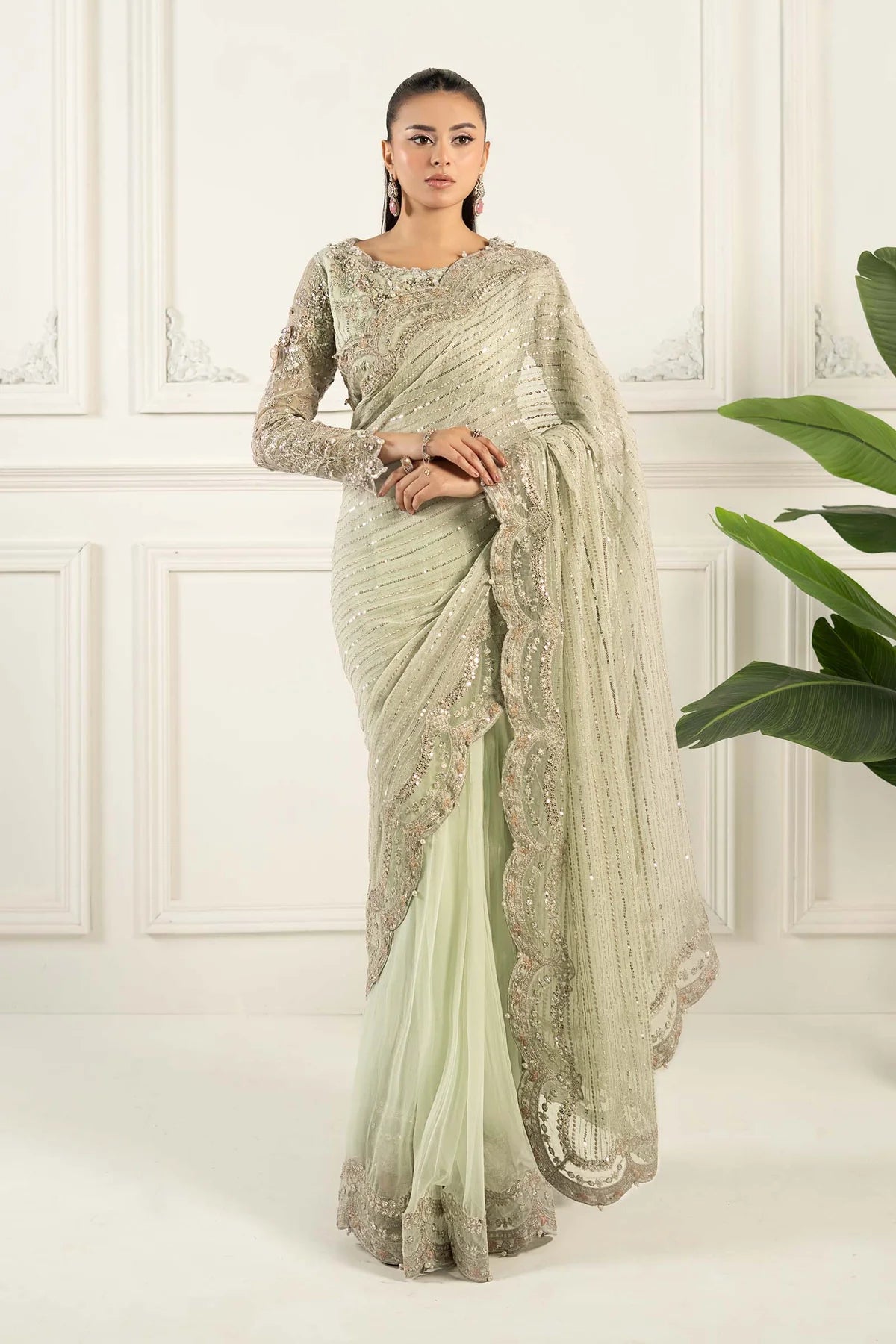 SF-EF25-38 -Embroidered Ferozi Chiffon Saree By- Maria.B