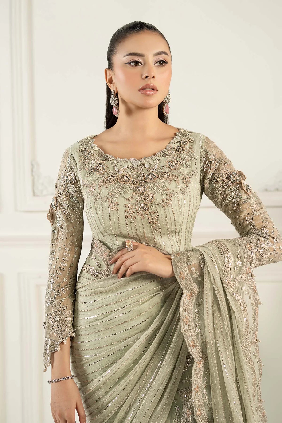 SF-EF25-38 -Embroidered Ferozi Chiffon Saree By- Maria.B