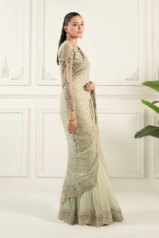 SF-EF25-38 -Embroidered Ferozi Chiffon Saree By- Maria.B