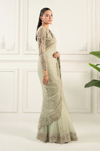 SF-EF25-38 -Embroidered Ferozi Chiffon Saree By- Maria.B
