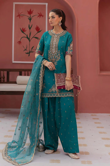 SF-EF25-63 -Embroidered Green Raw Silk Suit By- Maria.B