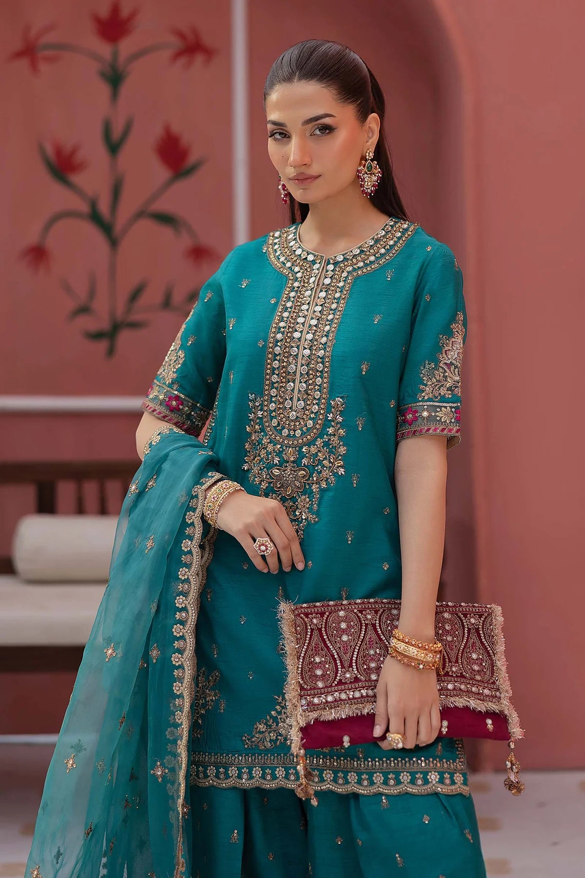 SF-EF25-63 -Embroidered Green Raw Silk Suit By- Maria.B
