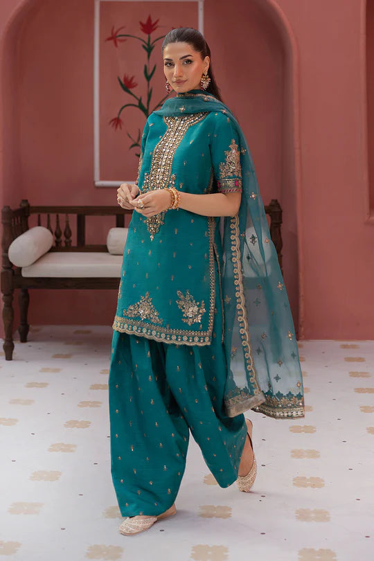 SF-EF25-63 -Embroidered Green Raw Silk Suit By- Maria.B