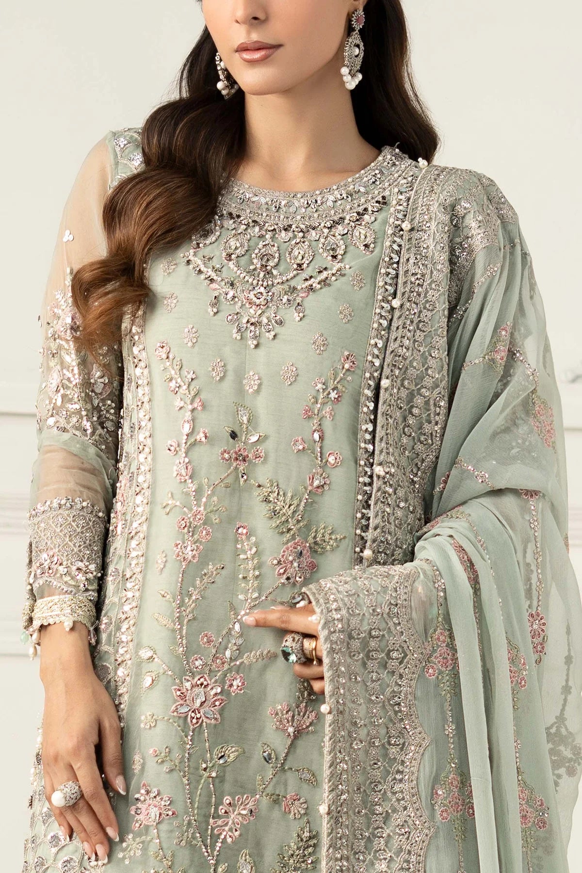 SF-EF25-65 -Embroidered Ice-Blue Raw Silk Suit By- Maria.B