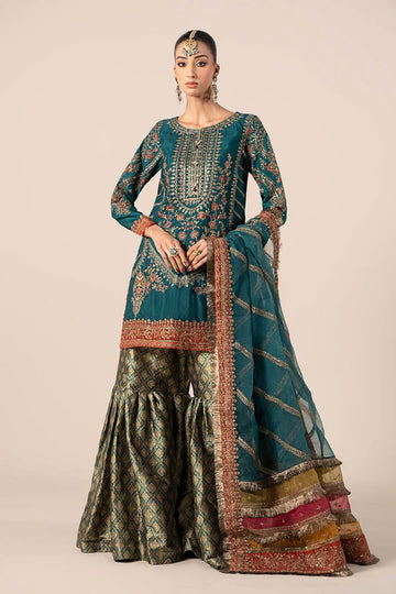SF-W24-25 -Embroidered Green Raw Silk Suit By- Maria.B