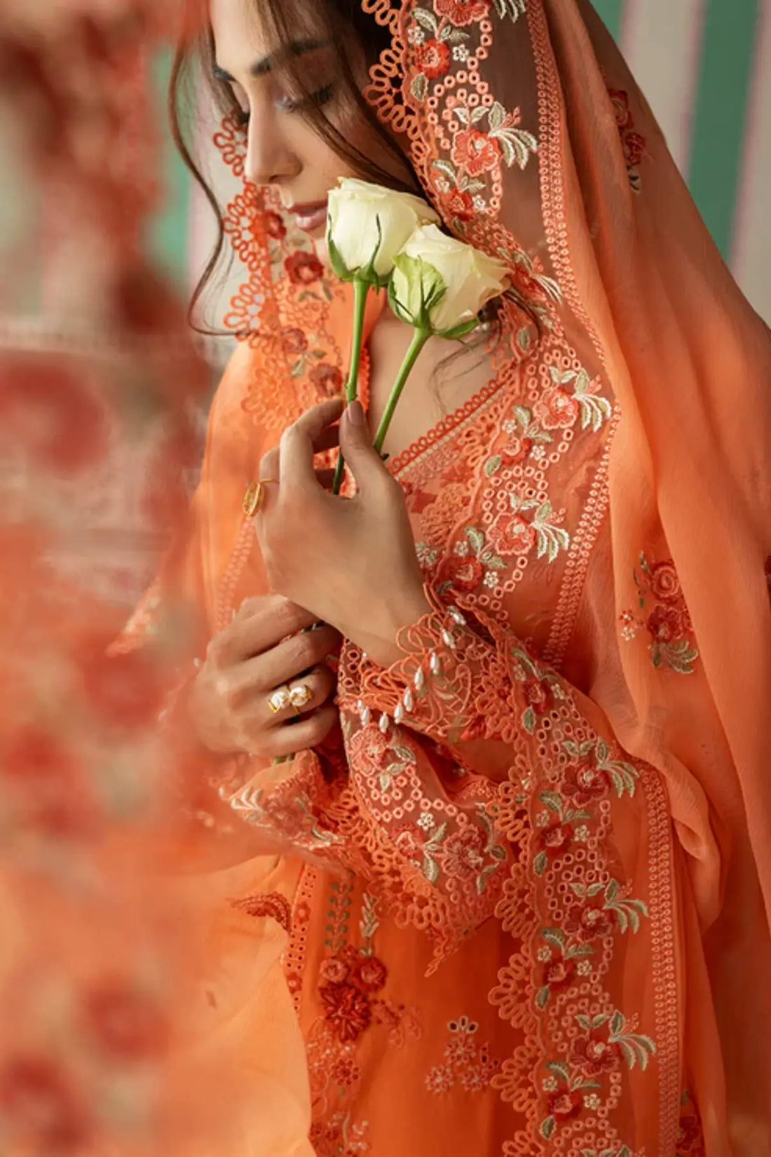 SL-148 Vanya coral embroidered lawn stitched 3PC suit with chiffon dupatta