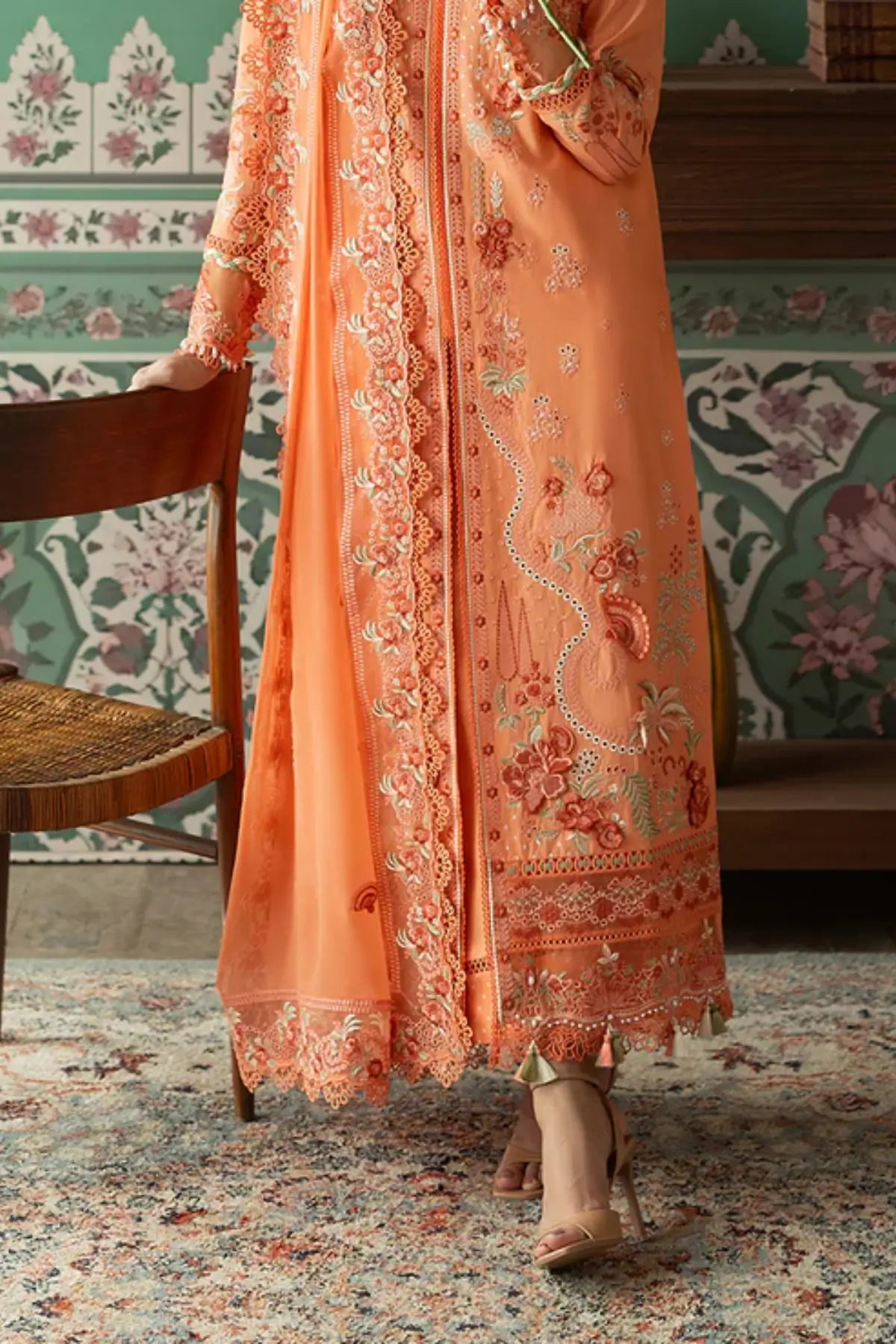 SL-148 Vanya coral embroidered lawn stitched 3PC suit with chiffon dupatta