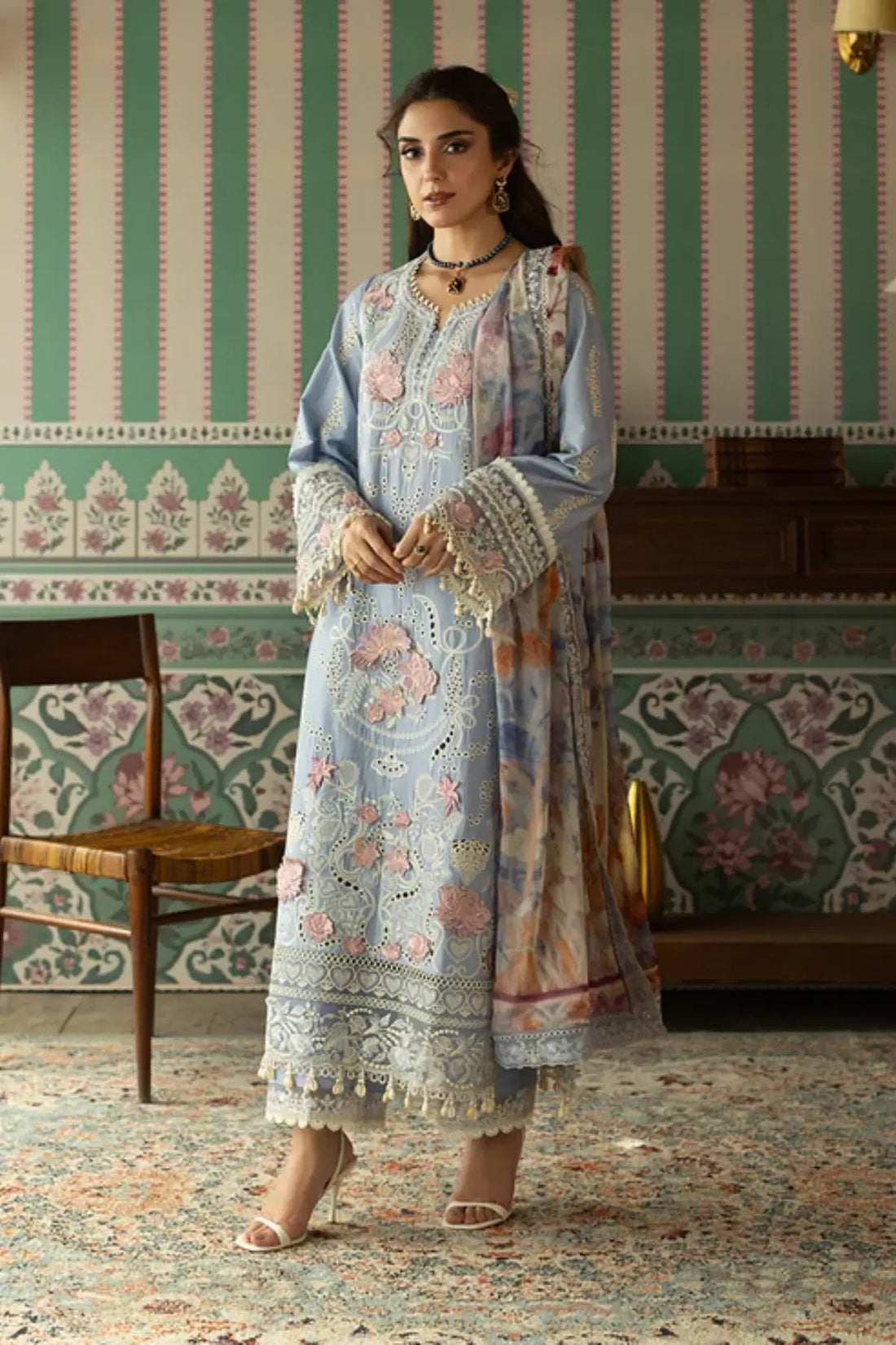 SL-149 Meher ice blue embroidered lawn stitched 3PC suit with printed silk dupatta
