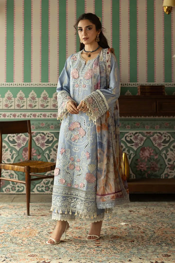 SL-149 Meher ice blue embroidered lawn stitched 3PC suit with printed silk dupatta