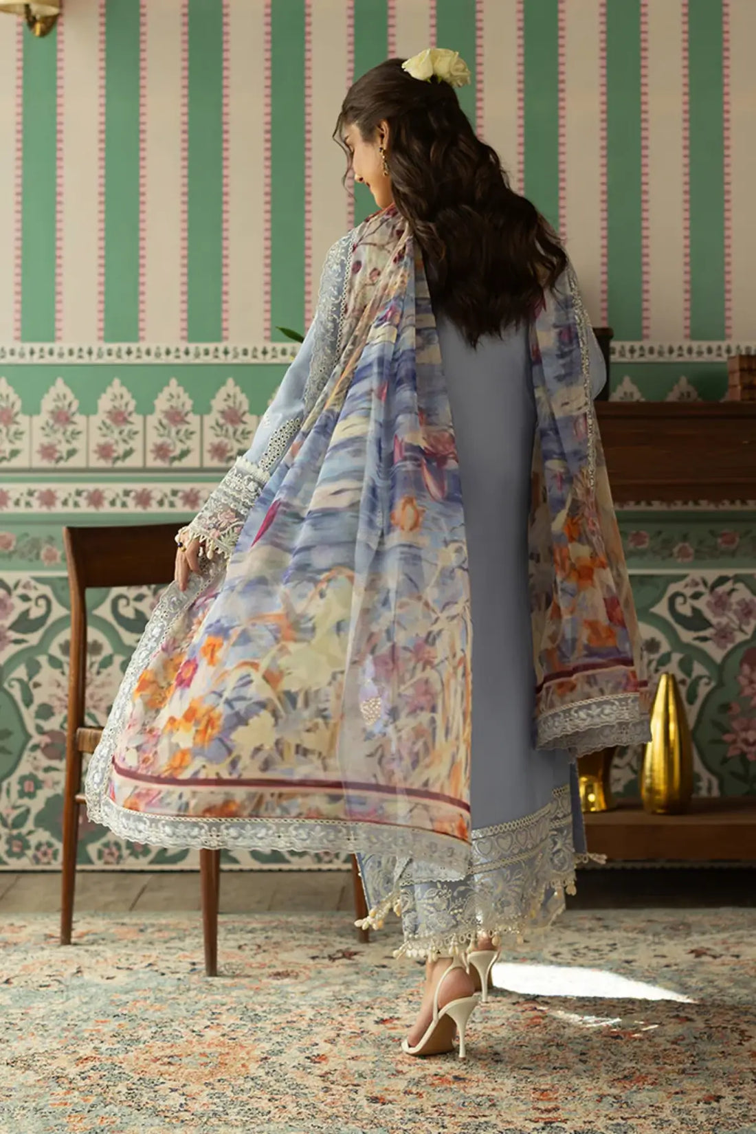 SL-149 Meher ice blue embroidered lawn stitched 3PC suit with printed silk dupatta