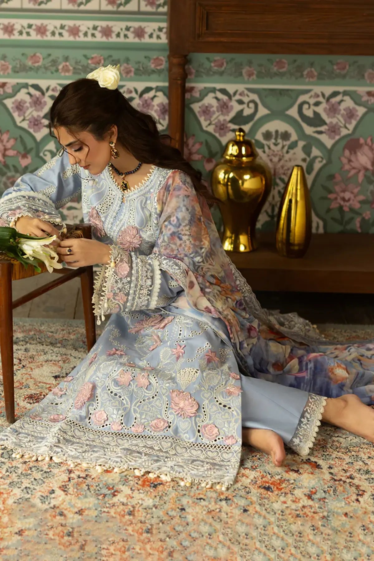 SL-149 Meher ice blue embroidered lawn stitched 3PC suit with printed silk dupatta