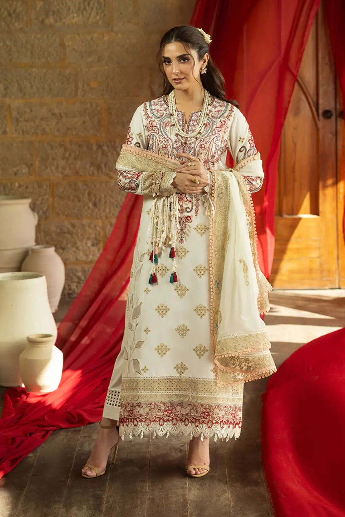 SL-150 Areeba ivory embroidered lawn stitched 3PC suit with chiffon dupatta