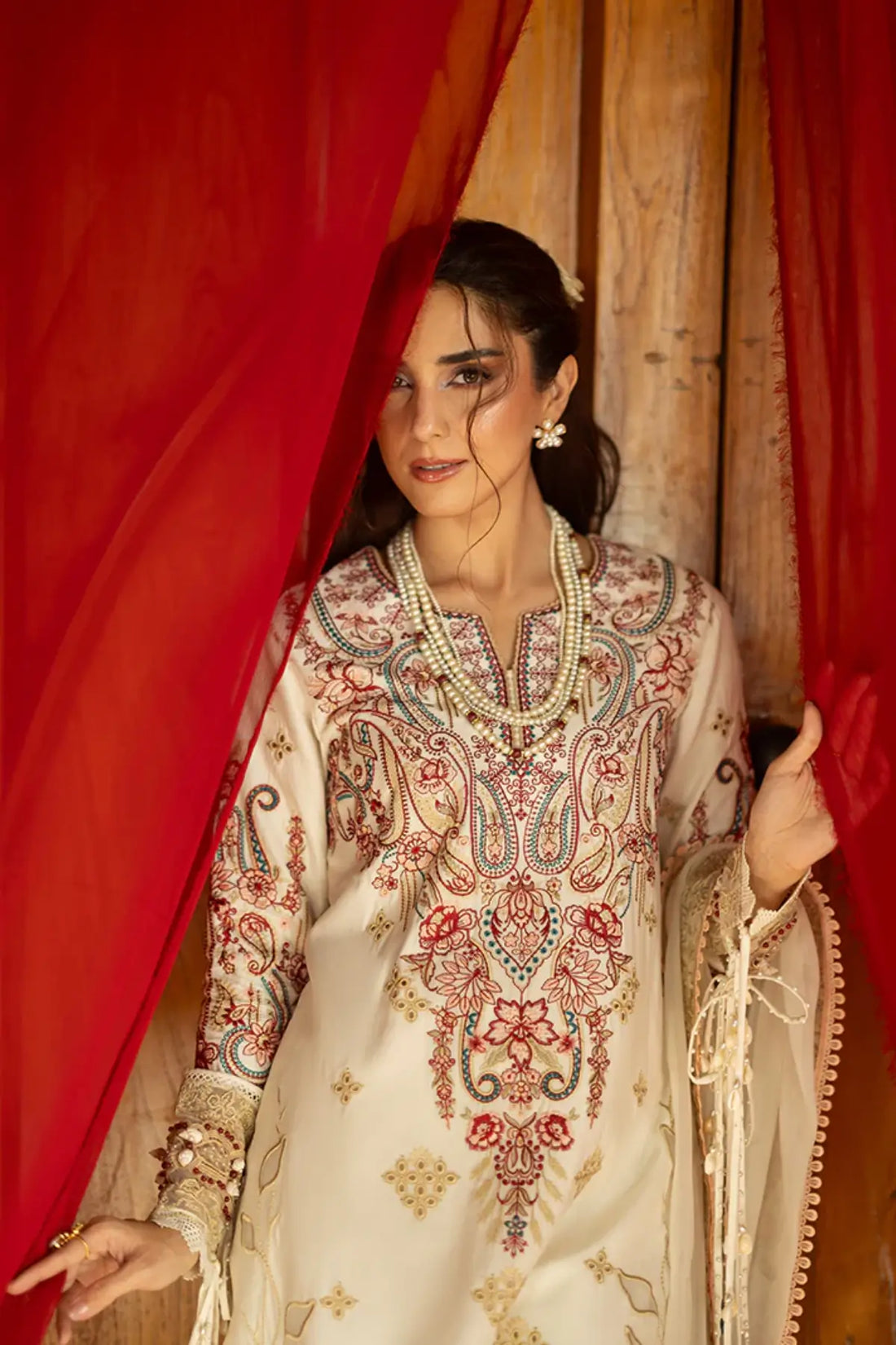 SL-150 Areeba ivory embroidered lawn stitched 3PC suit with chiffon dupatta