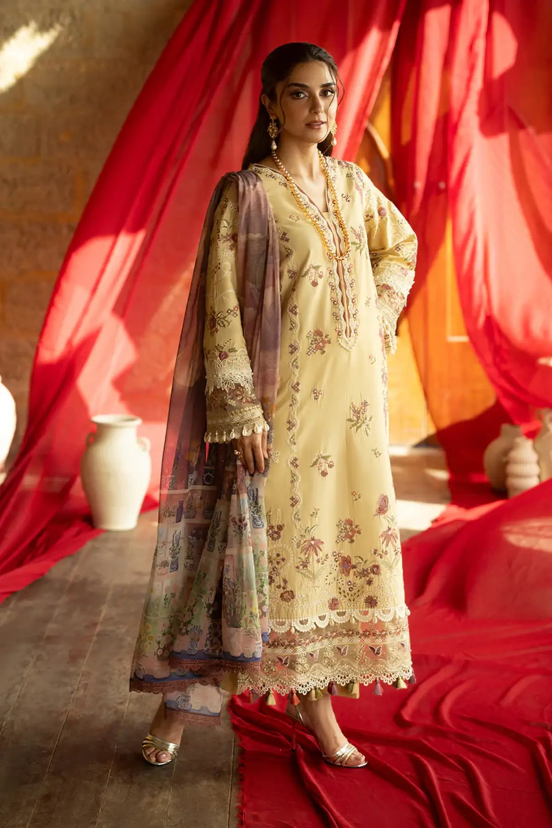 SL-151 Nael skin embroidered lawn stitched 3PC suit with printed silk dupatta