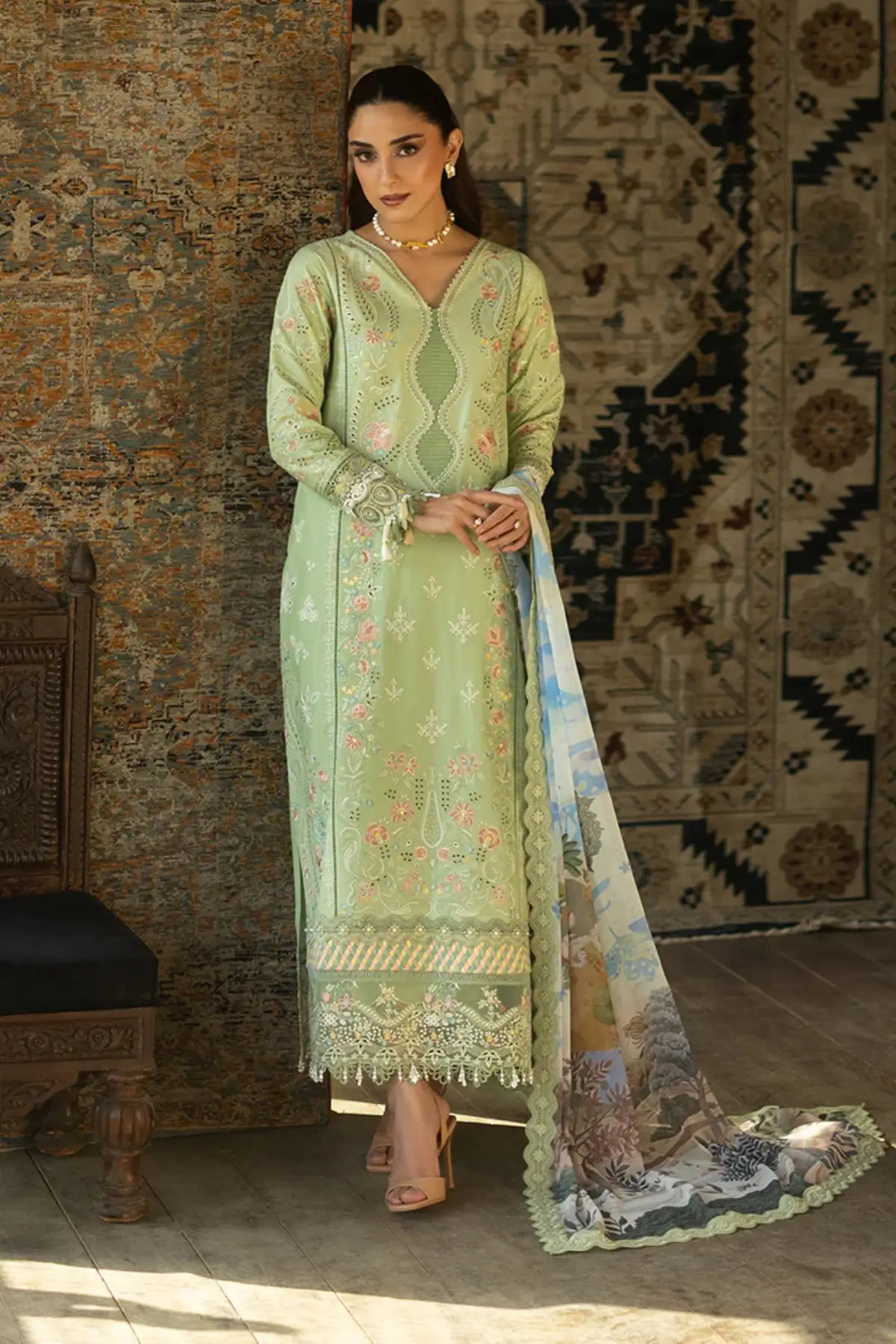 SL-152 Aylin olive green embroidered lawn suit with printed silk dupatta