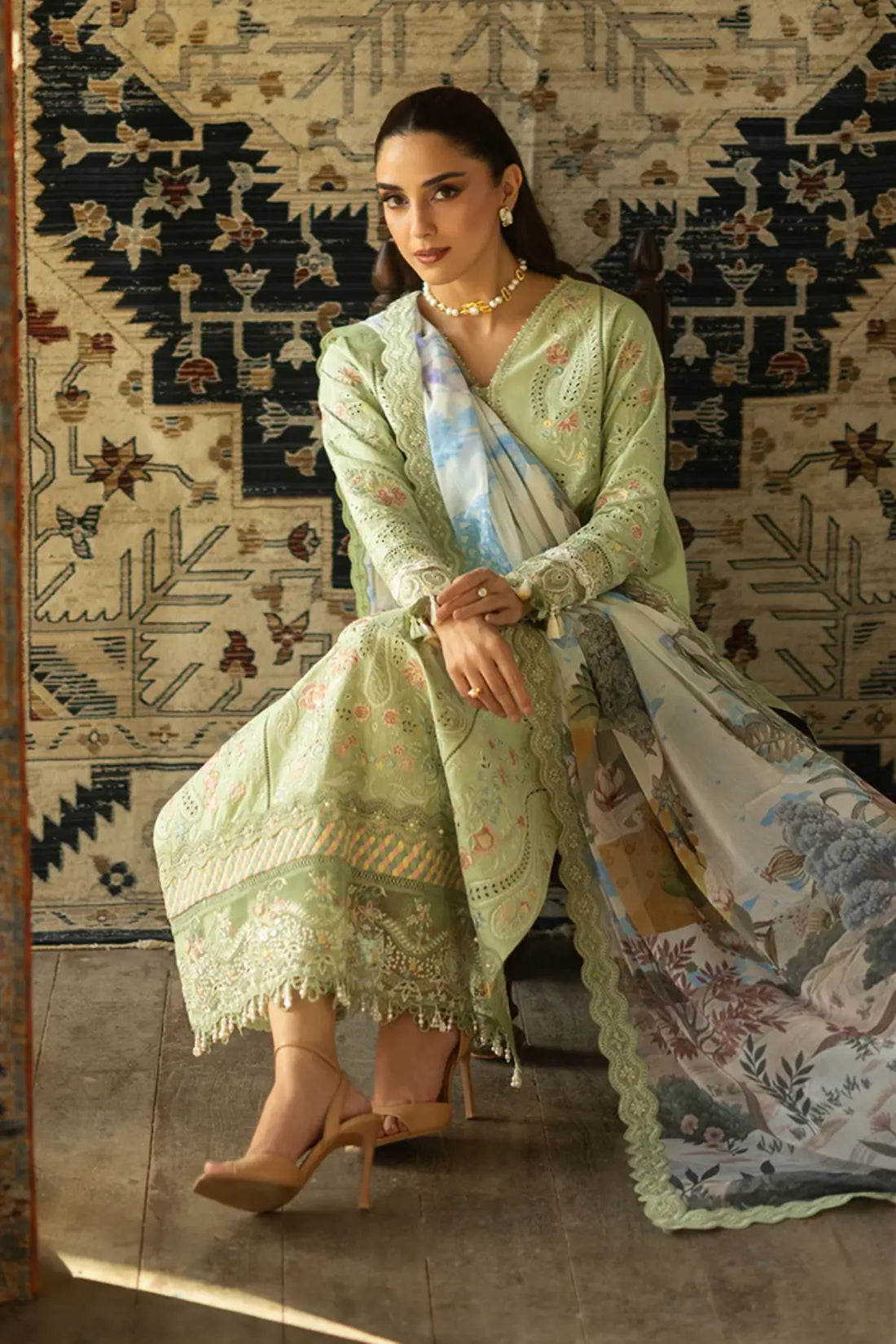 SL-152 Aylin olive green embroidered lawn suit with printed silk dupatta