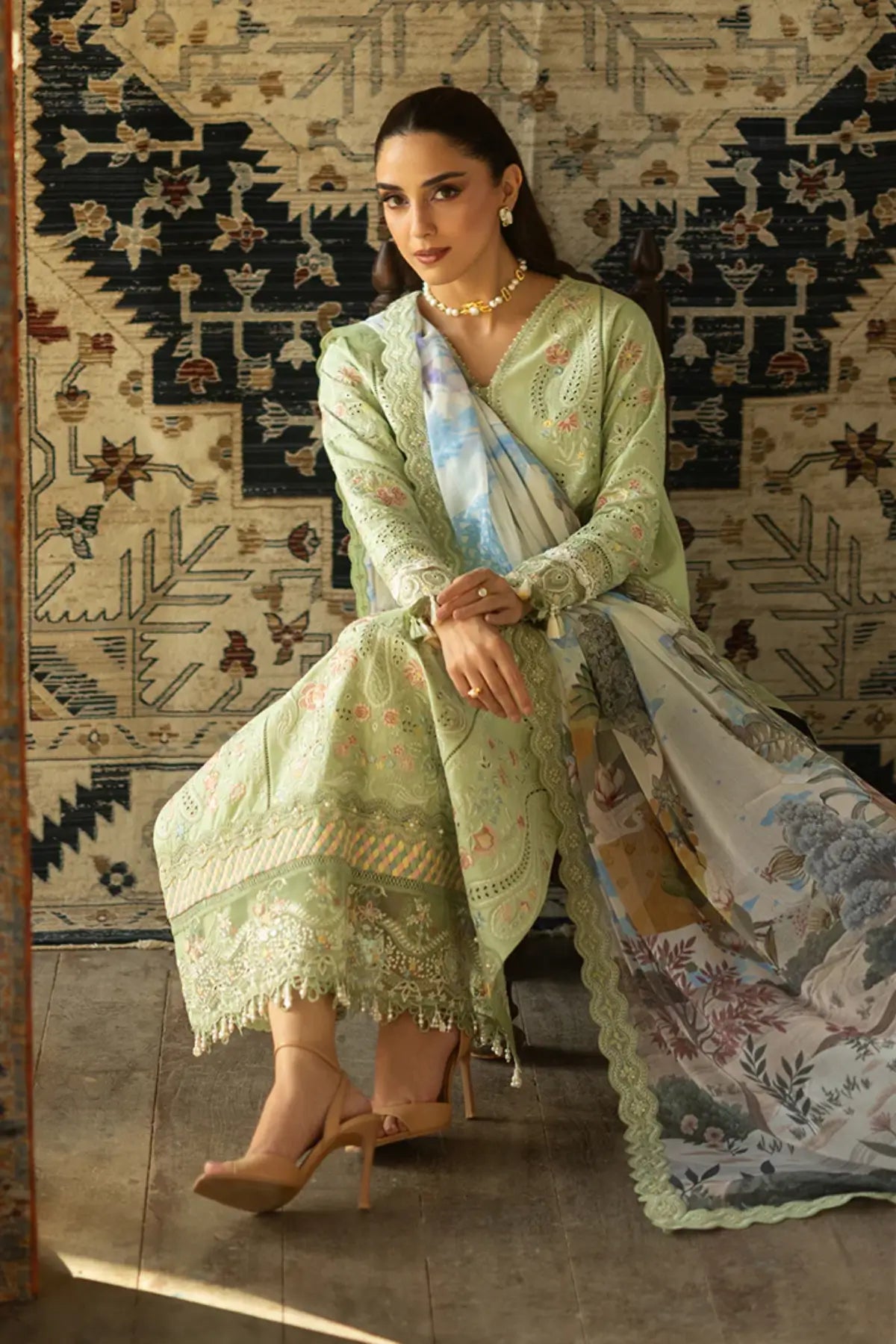 SL-152 Aylin olive green embroidered lawn suit with printed silk dupatta
