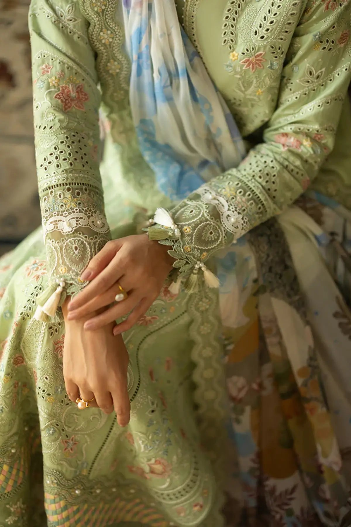 SL-152 Aylin olive green embroidered lawn suit with printed silk dupatta
