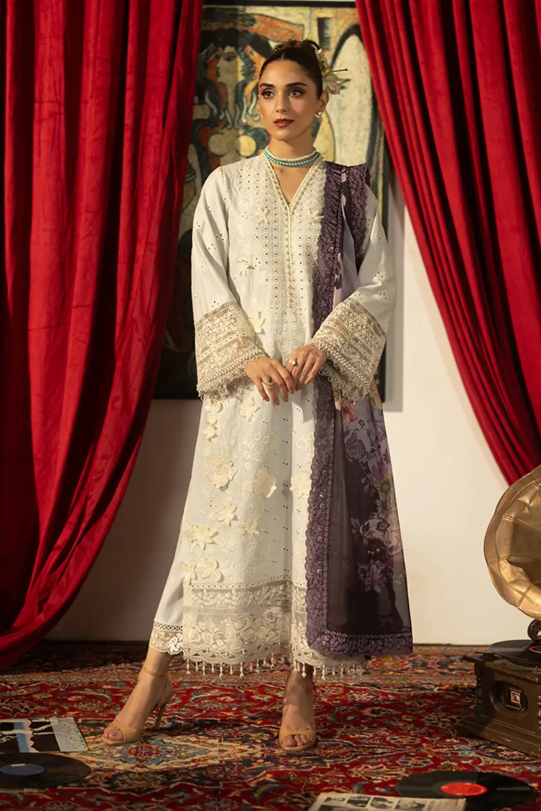 SL-153 Rameen ice grey embroidered lawn stitched 3PC suit with printed silk dupatta