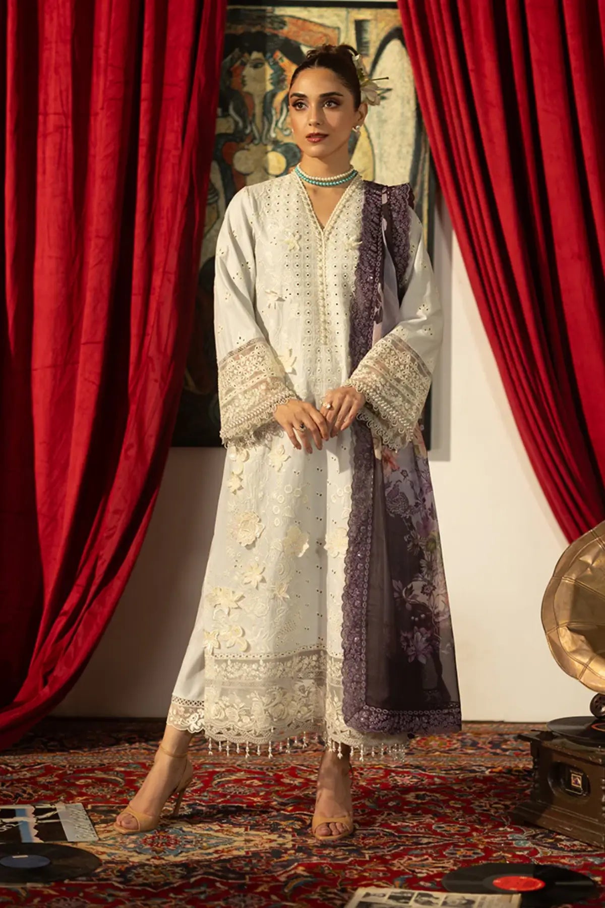 SL-153 Rameen ice grey embroidered lawn stitched 3PC suit with printed silk dupatta