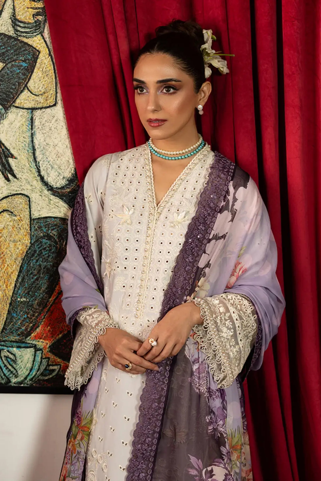 SL-153 Rameen ice grey embroidered lawn stitched 3PC suit with printed silk dupatta