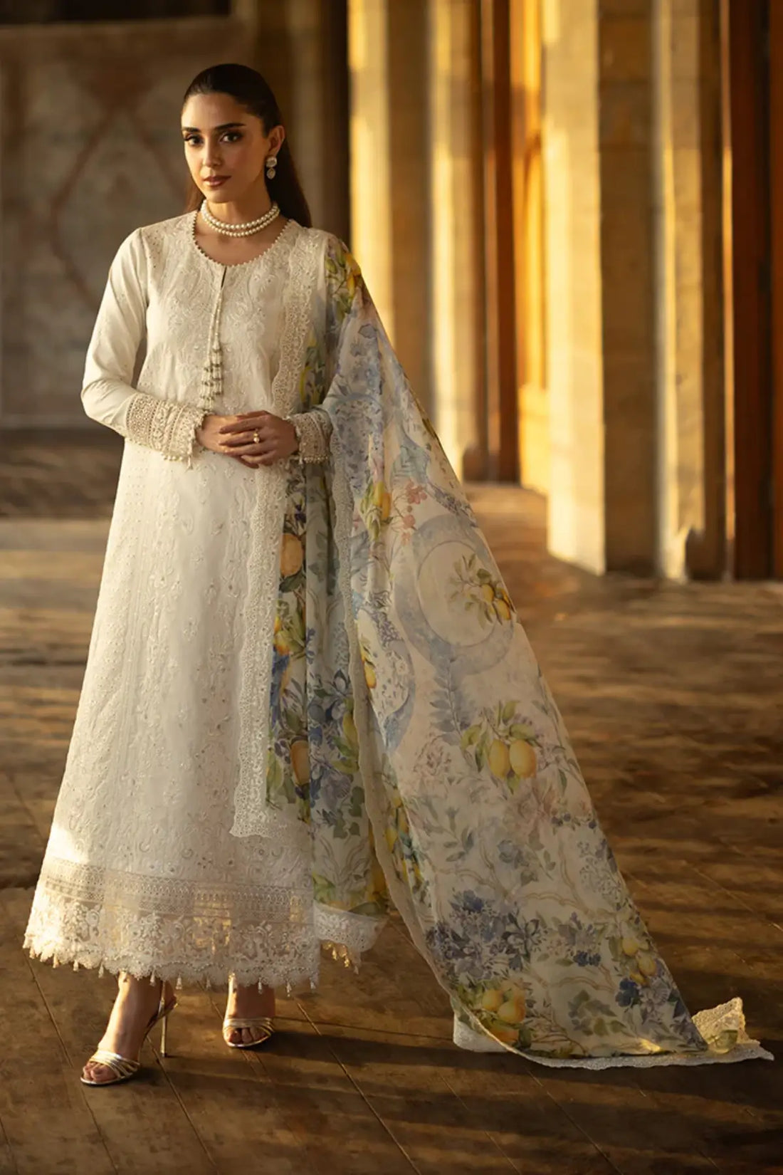 SL-154 Inaya ivory embroidered lawn stitched 3PC suit with printed silk dupatta