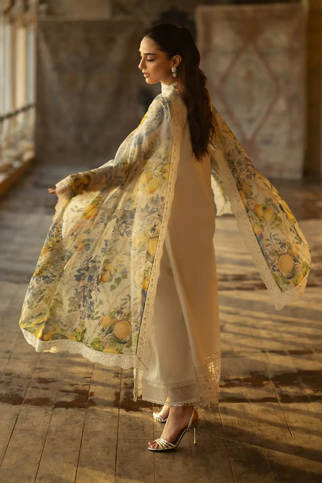SL-154 Inaya ivory embroidered lawn stitched 3PC suit with printed silk dupatta