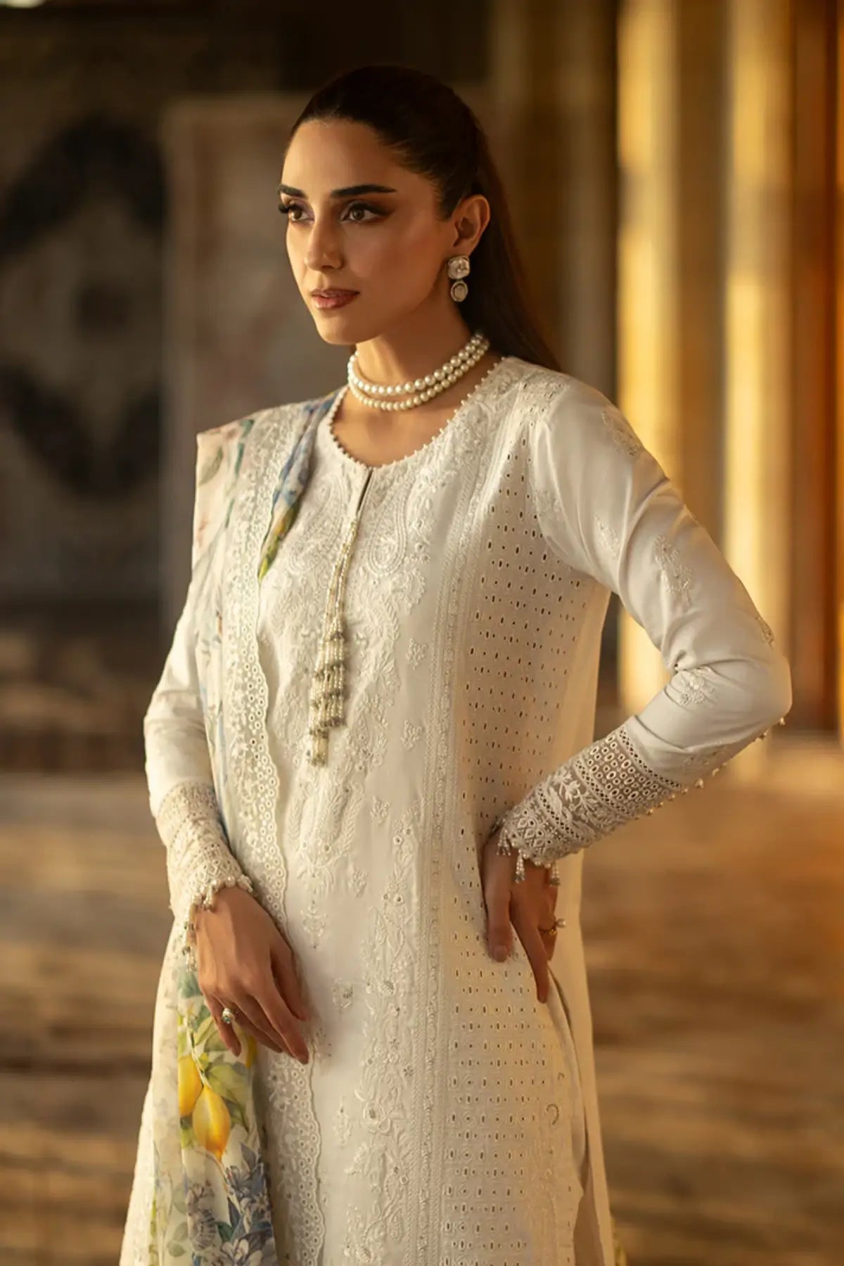 SL-154 Inaya ivory embroidered lawn stitched 3PC suit with printed silk dupatta