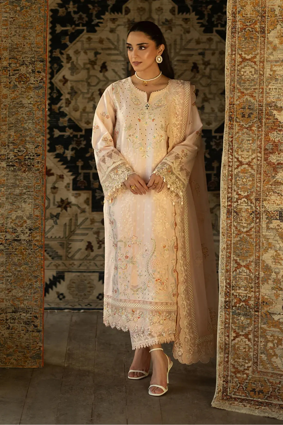 SL-155 Zehra powder pink embroidered lawn stitched 3PC suit with chiffon dupatta