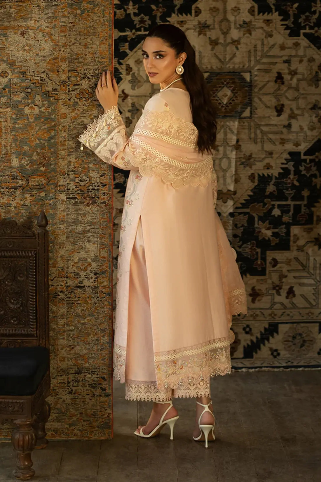 SL-155 Zehra powder pink embroidered lawn stitched 3PC suit with chiffon dupatta
