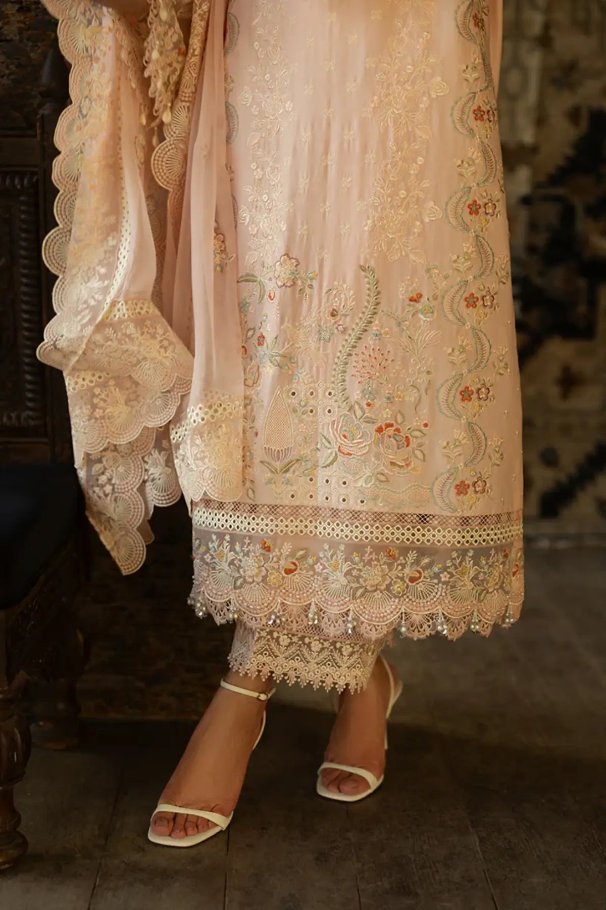 SL-155 Zehra powder pink embroidered lawn stitched 3PC suit with chiffon dupatta