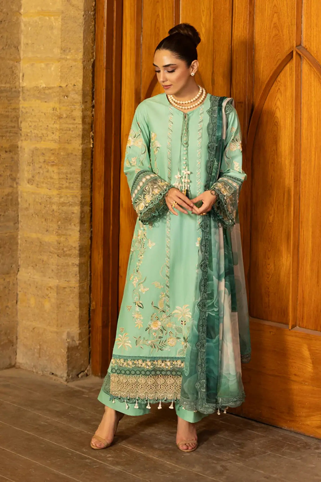 SL-156 Yalina turquoise embroidered lawn stitched 3PC suit with silk dupatta