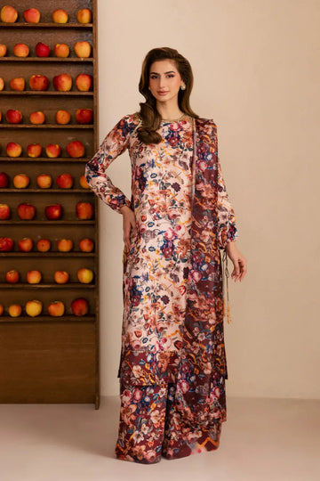 SL-15 antique floral silk printed Eid suit with hand embellished neckline and sheer printed silk dupatta