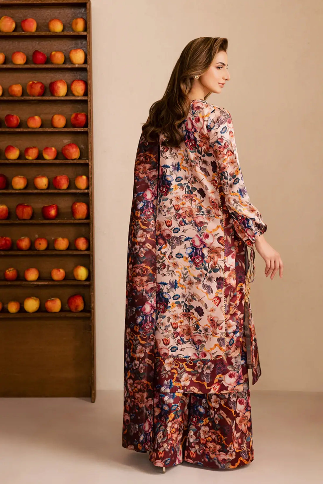 SL-15 antique floral silk printed Eid suit with hand embellished neckline and sheer printed silk dupatta