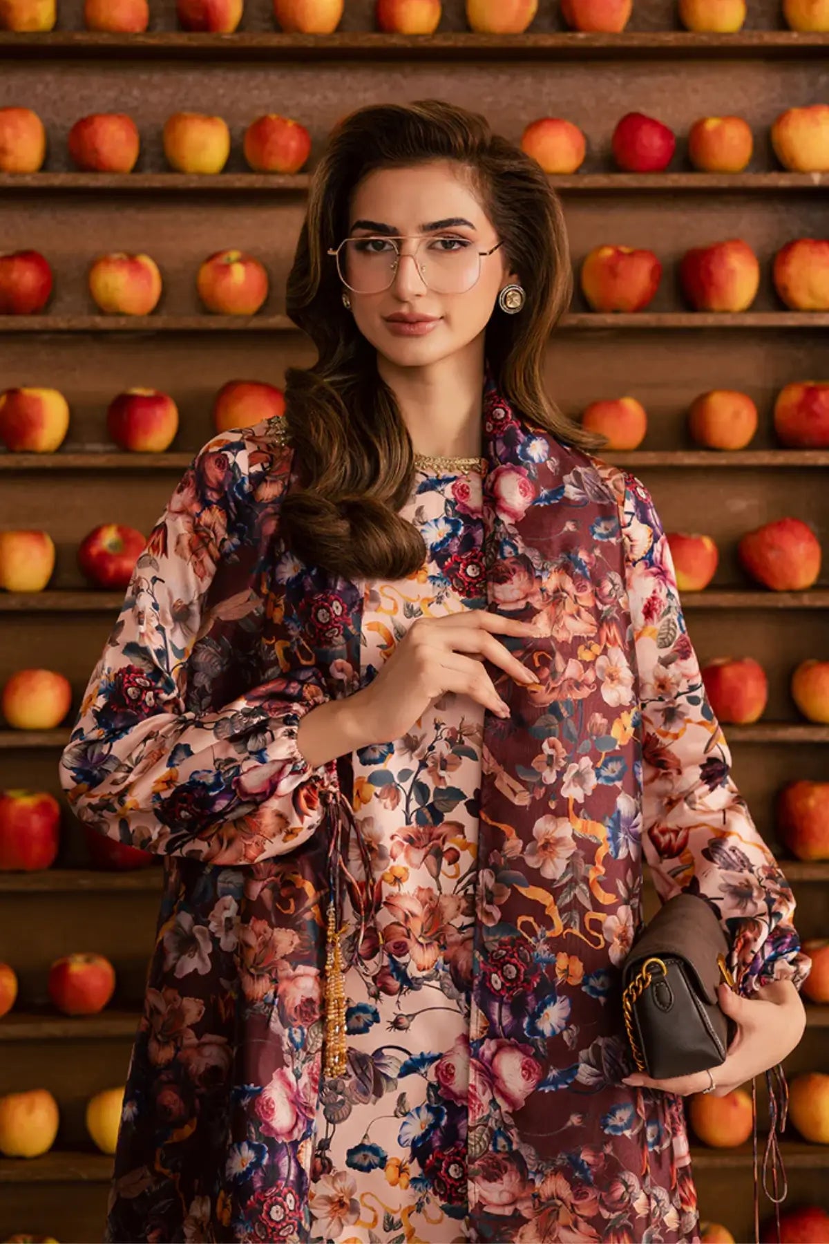 SL-15 antique floral silk printed Eid suit with hand embellished neckline and sheer printed silk dupatta