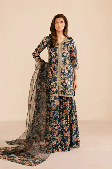 SL-16 floral silk printed 3-piece outfit with lightweight printed organza dupatta for festive and formal wear
